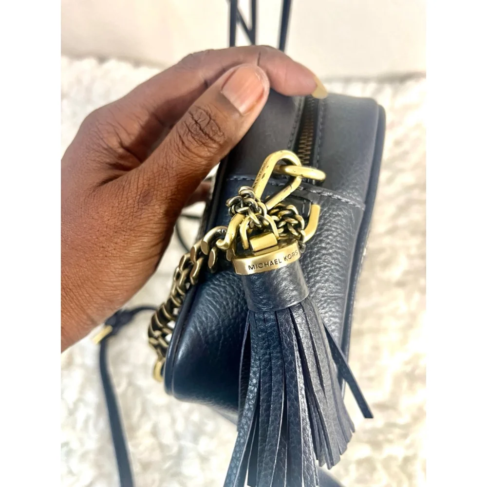 Michael Kors Woven Chevron Leather Camera Bag Navy Blue and Gold hardware